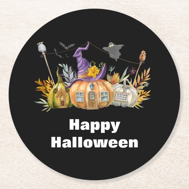 Posavasos Redondo De Papel Hospedaje de calabaza con fantasma y murciélagos (Anverso)