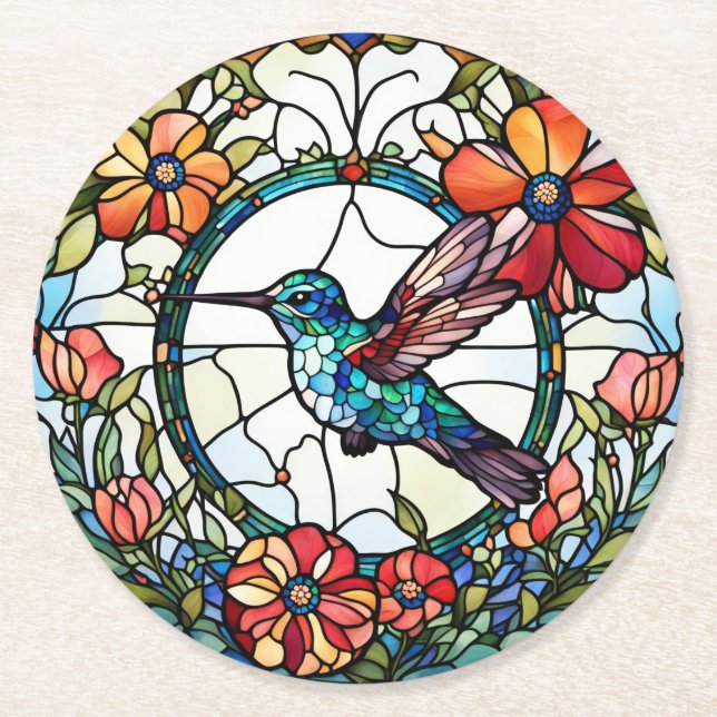 Posavasos Redondo De Papel Hummingbird Faux Seted Glass Bird (Anverso)