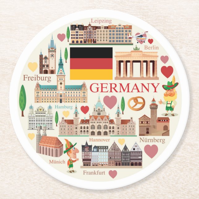 Posavasos Redondo De Papel Iconos de viaje de Alemania (Anverso)
