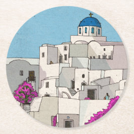 Posavasos Redondo De Papel Ilustracion caprichoso de Oia Santorini Island Gre