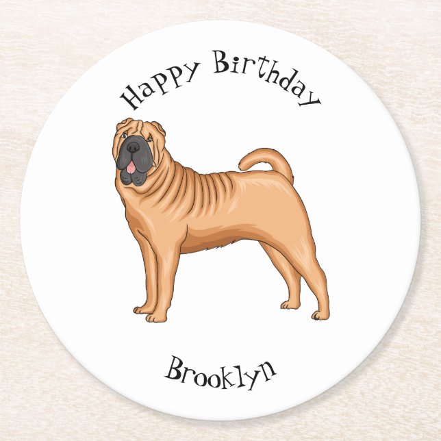 Posavasos Redondo De Papel Ilustracion chino de personalizado de perro Shar-P (Anverso)
