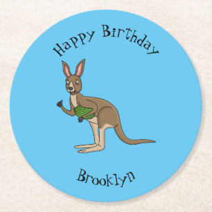 Posavasos Redondo De Papel Ilustracion de canguro australiano bastante feliz