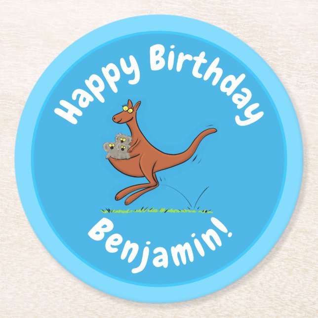 Posavasos Redondo De Papel Ilustracion de canguro y personalizado de koalas (Anverso)