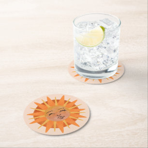 Posavasos Redondo De Papel Ilustracion de color de agua Naranja de Sun Face