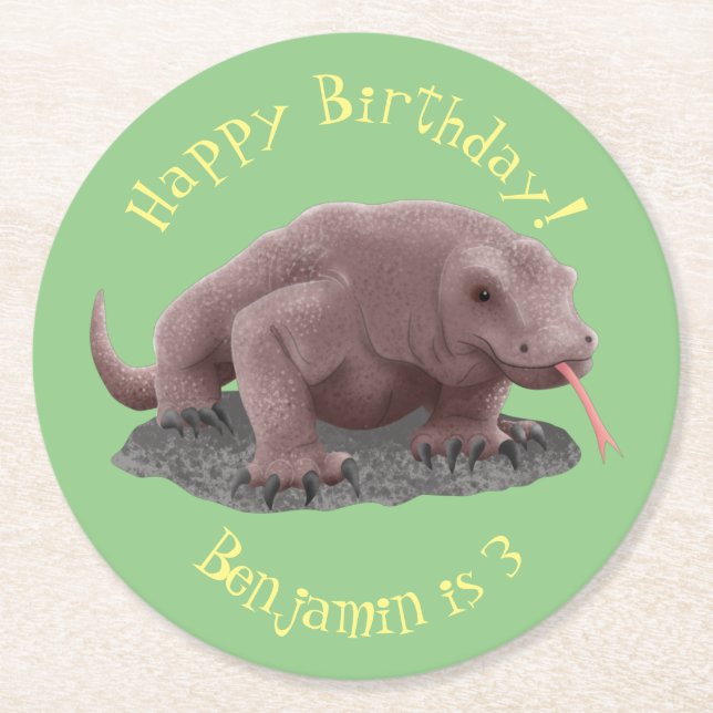 Posavasos Redondo De Papel Ilustracion de dragón de Komodo (Anverso)