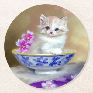 Posavasos Redondo De Papel Ilustracion de gatito blanco vintage