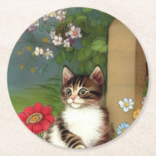 Posavasos Redondo De Papel Ilustracion de gato vintage con flores de primaver