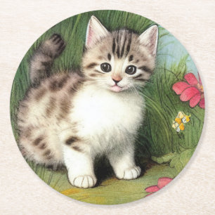 Posavasos Redondo De Papel Ilustracion de gato vintage con flores rojas