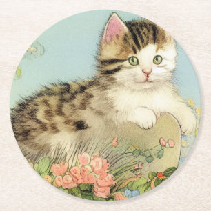 Posavasos Redondo De Papel Ilustracion de gato vintage con flores rosas