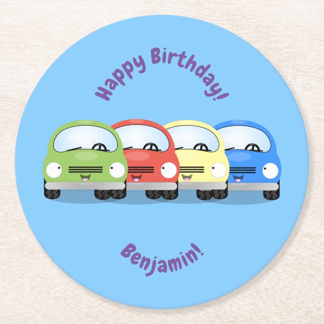 Posavasos Redondo De Papel Ilustracion de personalizado de coche rojo feliz (Anverso)