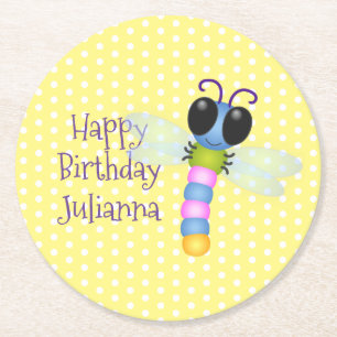 Posavasos Redondo De Papel Ilustracion de personalizado de libélula azul y ro