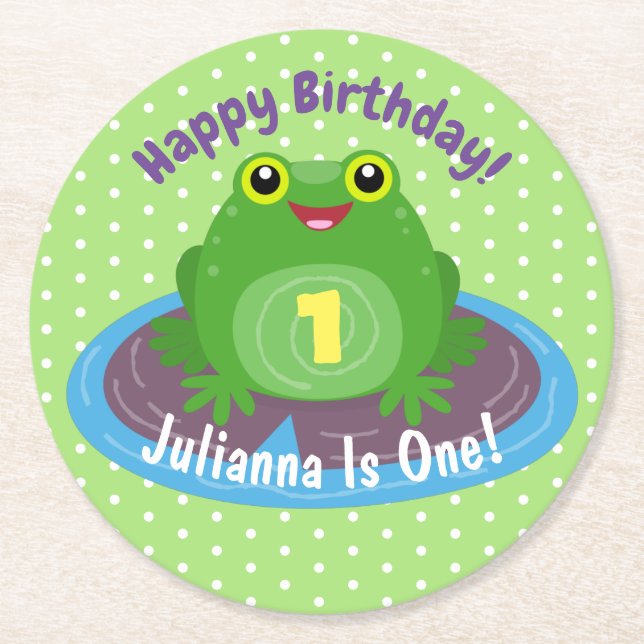 Posavasos Redondo De Papel Ilustracion de personalizado de rana verde kawaii  (Anverso)