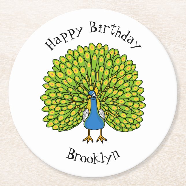 Posavasos Redondo De Papel Ilustración divertida de un pavo real brillante (Anverso)