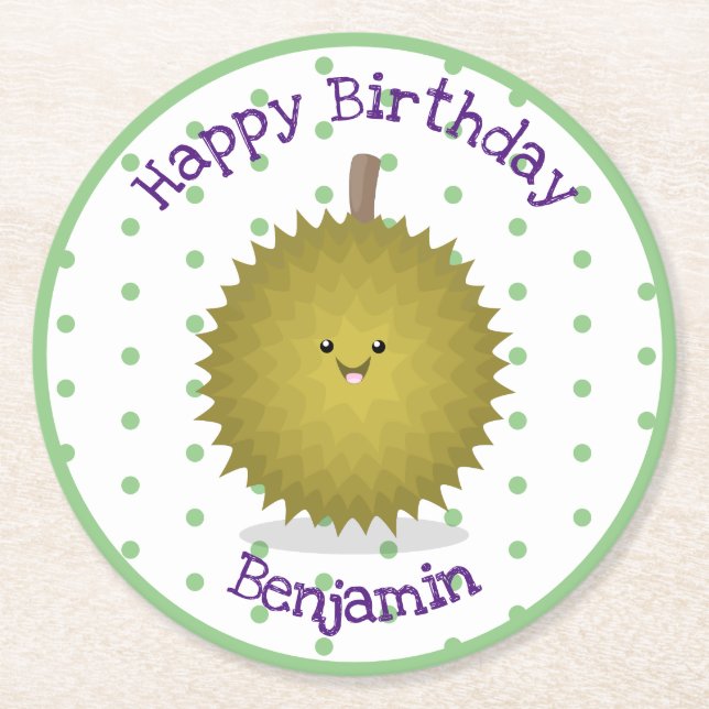 Posavasos Redondo De Papel Ilustracion feliz personalizado duriano (Anverso)