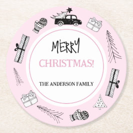 Posavasos Redondo De Papel Ilustracion moderno negro y blanco sobre rosa