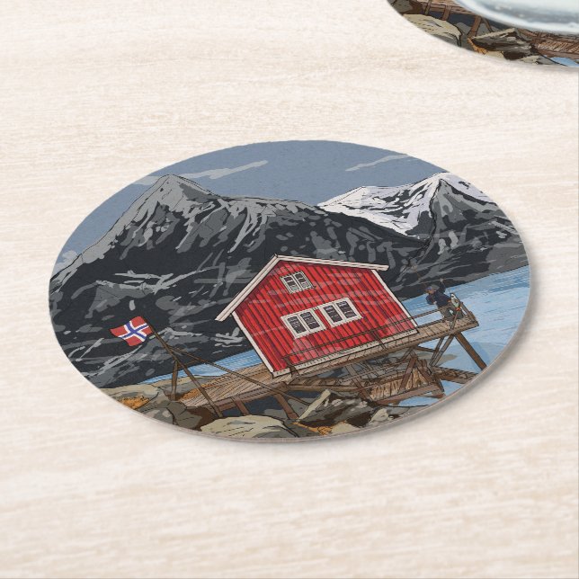 Posavasos Redondo De Papel Ilustracion paisajístico Rorbu Lofoten Bergen (En perspectiva)