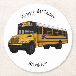 Posavasos Redondo De Papel Ilustracion personalizado de autobús escolar