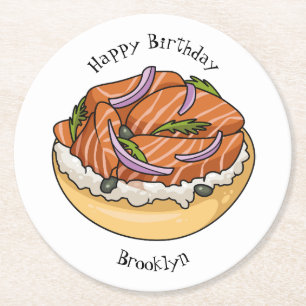 Posavasos Redondo De Papel Ilustracion personalizado de bagel de Salmon