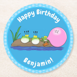 Posavasos Redondo De Papel Ilustracion personalizado de bblegum de ranas grac