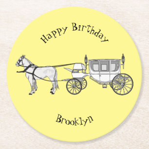 Posavasos Redondo De Papel ilustracion personalizado de caballos y carruajes