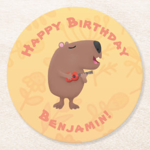 Posavasos Redondo De Papel Ilustracion personalizado de capybara ukulele cant