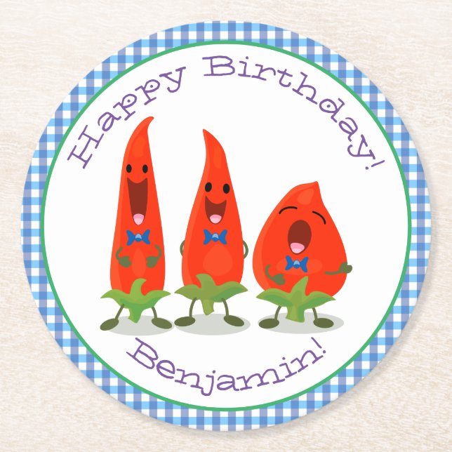 Posavasos Redondo De Papel Ilustracion personalizado de chiles cantantes (Anverso)