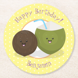 Posavasos Redondo De Papel Ilustracion personalizado de cocos kawaii alegres