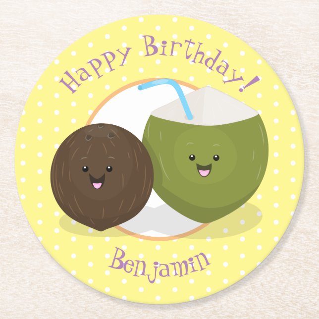 Posavasos Redondo De Papel Ilustracion personalizado de cocos kawaii alegres (Anverso)