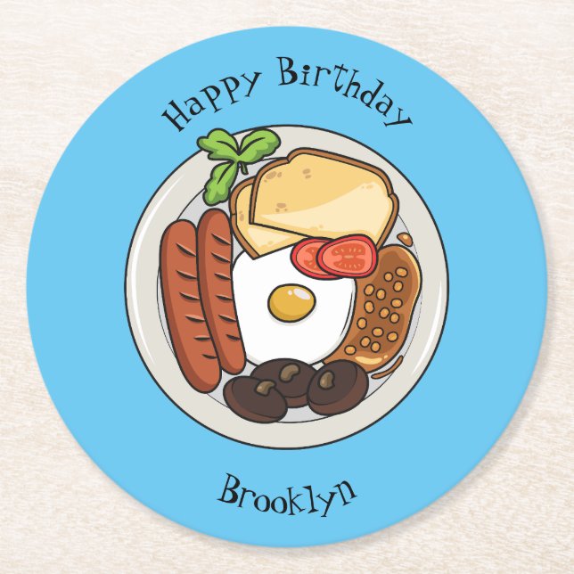 Posavasos Redondo De Papel Ilustracion personalizado de desayuno inglés (Anverso)