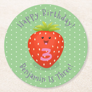 Posavasos Redondo De Papel Ilustracion personalizado de fresa cute kawaii
