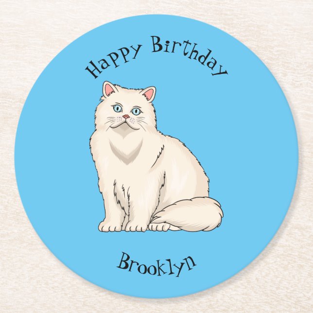 Posavasos Redondo De Papel Ilustracion personalizado de gato persa (Anverso)