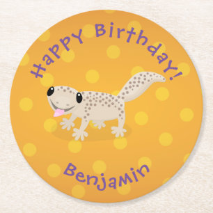 Posavasos Redondo De Papel Ilustracion personalizado de gecko de color marrón