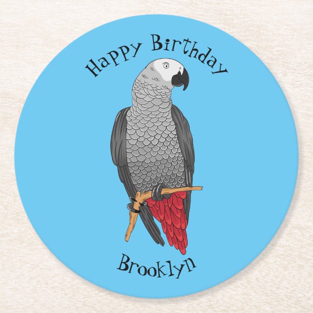 Posavasos Redondo De Papel Ilustracion personalizado de loro gris africano (Anverso)