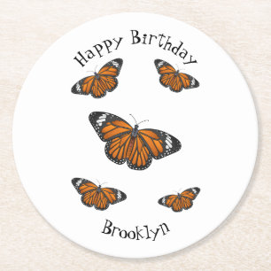 Posavasos Redondo De Papel Ilustracion personalizado de mariposa monarca