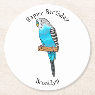 Posavasos Redondo De Papel Ilustracion personalizado de pájaro budgerigar azu