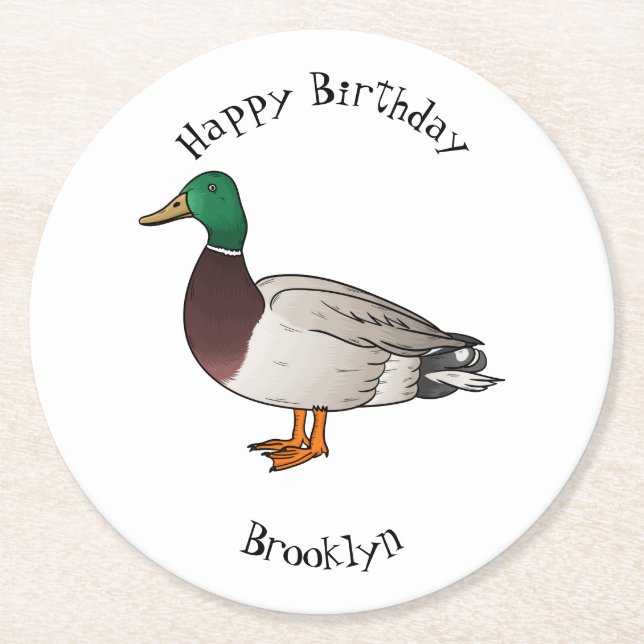 Posavasos Redondo De Papel Ilustracion personalizado de pato mallard (Anverso)