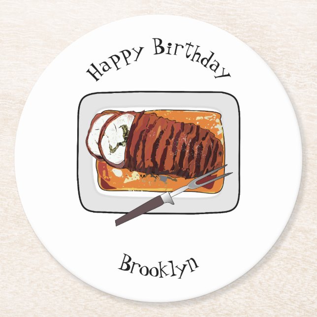 Posavasos Redondo De Papel Ilustracion personalizado de pavo asado (Anverso)