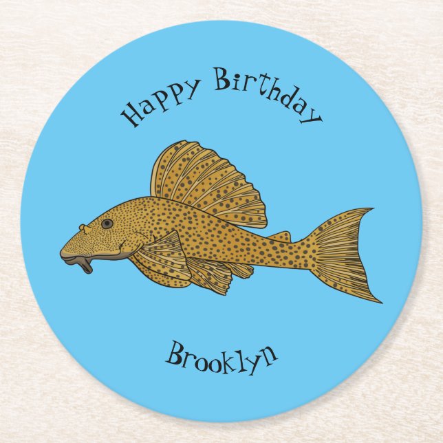Posavasos Redondo De Papel Ilustracion personalizado de pescado Pleco (Anverso)