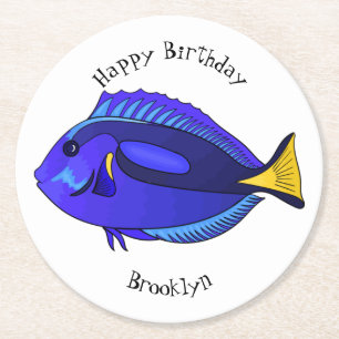 Posavasos Redondo De Papel Ilustracion personalizado de pescado tang azul