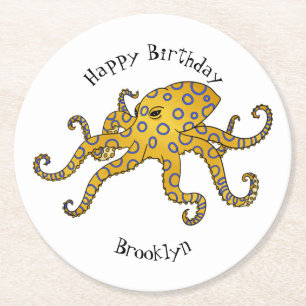 Posavasos Redondo De Papel Ilustracion personalizado de pulpo de anillo azul