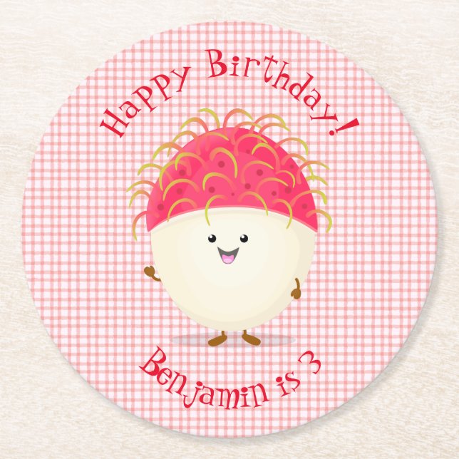 Posavasos Redondo De Papel Ilustracion personalizado de rambután rosa suave (Anverso)