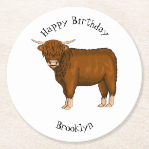 Posavasos Redondo De Papel Ilustracion personalizado de vaca de Highland