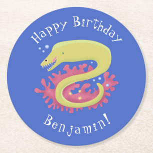 Posavasos Redondo De Papel Ilustracion personalizado gracioso de moray verde