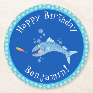 Posavasos Redondo De Papel Ilustracion personalizado pescador hambriento de B