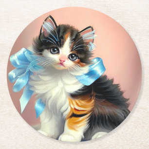 Posavasos Redondo De Papel Ilustracion Vintage Calico Kitten