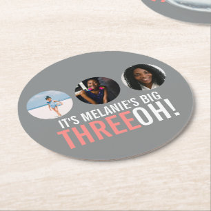 Posavasos Redondo De Papel Imagen de cumpleaños fotográfico gris y rosa 30th