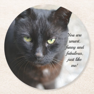 Posavasos Redondo De Papel Imagen de Gato Negro con cita motivadora