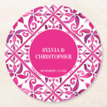 Posavasos Redondo De Papel Impresión de favores de boda de talavera mexicana<br><div class="desc">Baldosas de Talavera Mexicana Caliente Magenta Rosado Elegante favores matrimoniales monograma impreso plantilla de posavasos,  colores vivos y llamativos estilo Hacienda Española Mexicana Moderno boda color vibrante vajilla personalizada estampado personalizable decoración de mesa también encantadores favores de bodas keepsake encantadores</div>