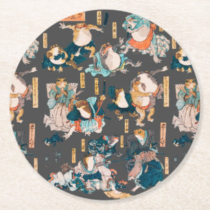 Posavasos Redondo De Papel Impresión en madera de rana japonesa Kuniyoshi Uki