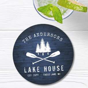 Posavasos Redondo De Papel Impresión Rustic Lake House Boat Oars Trees Blue 